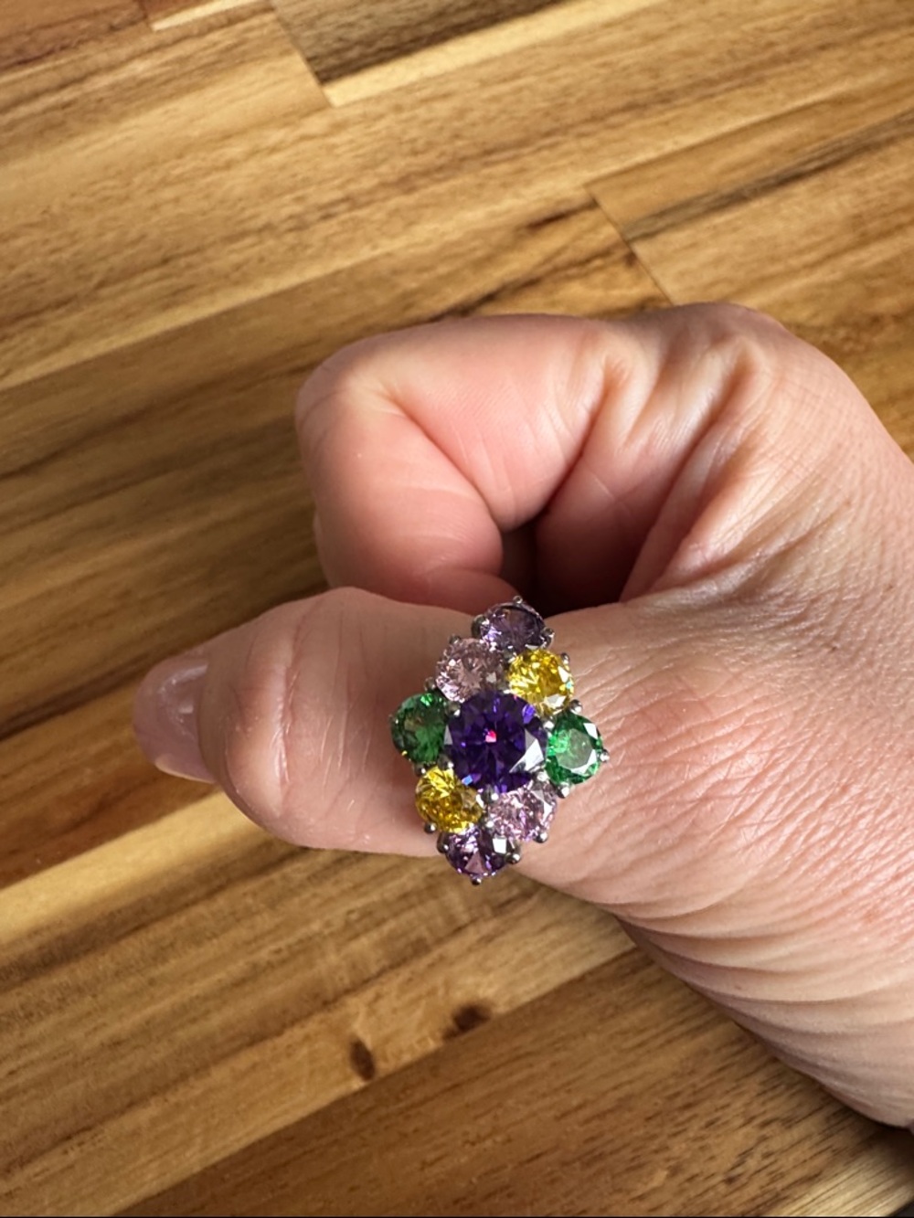 Multistone Floral Cluster Ring in Purple, Green & Yellow